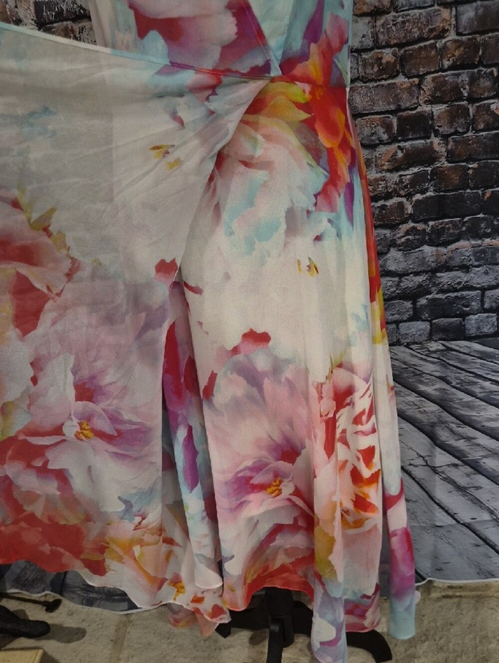 Calvin Klein Watercolor Floral High-Low Wrap Dress - Pink Blue Coral - Picture 10 of 10